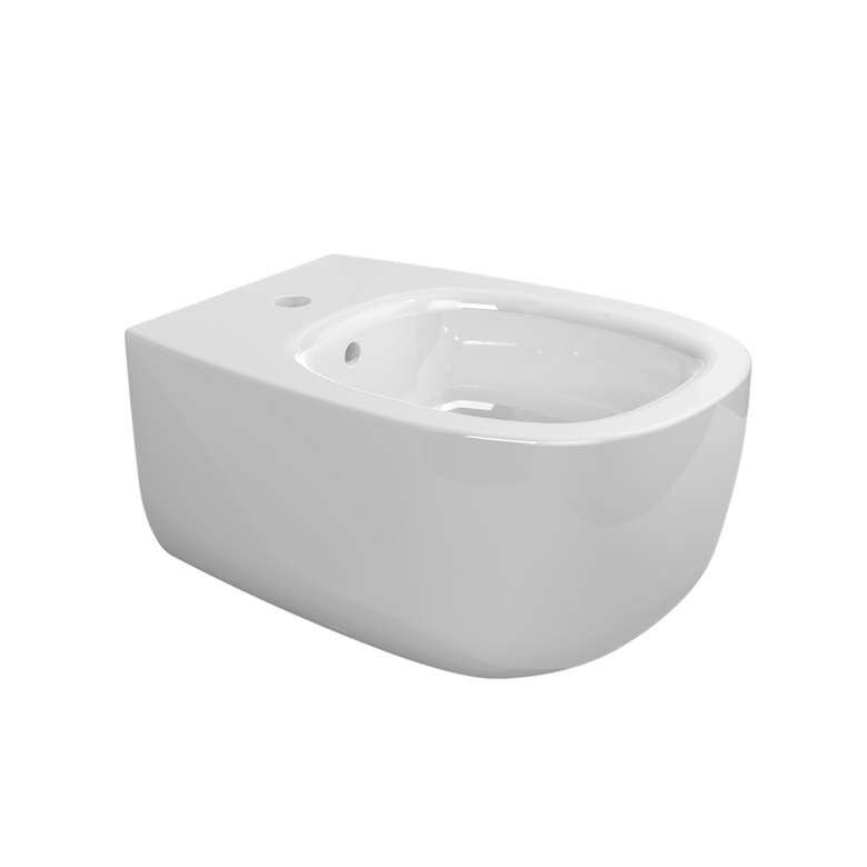 Ceramica Flaminia Bonola BN218 bidet sospeso monoforo in 00 Bianco ambientato su piano bagno con accessori
