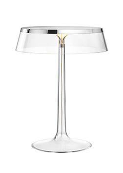 Flos Bon Jour Lampada Da Tavolo cromo con corona trasparente spenta, dettaglio del corpo lampada e dei materiali