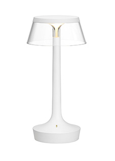 FLOS Bon Jour Unplugged Lampada da tavolo Ricaricabile Bianca spenta, dettaglio del corpo lampada e dei materiali