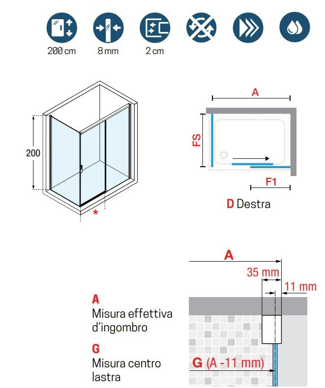 Novellini Opera Box doccia 140x80 uno scorrevole H 200 installato in bagno moderno con ante in vetro temperato