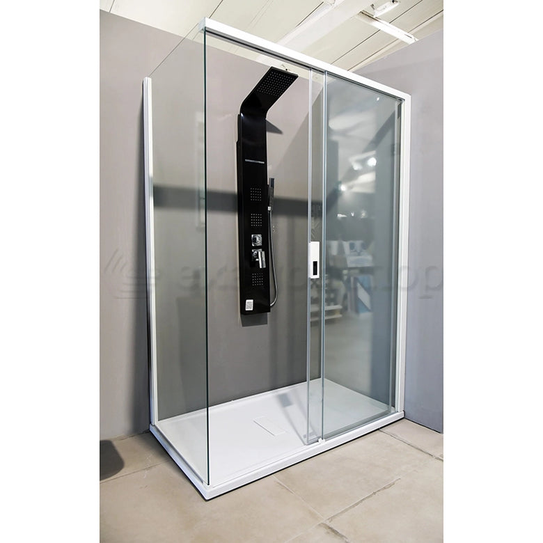 Novellini Opera Box doccia 140x80 uno scorrevole H 200 in opaco installato in bagno moderno con ante in vetro temperato