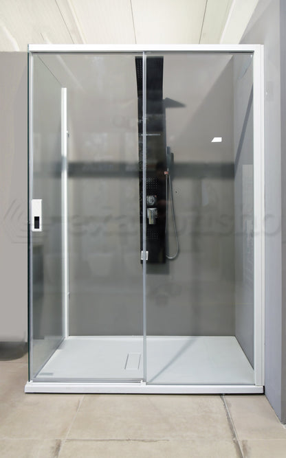 Novellini Opera Box doccia 140x80 uno scorrevole H 200 vetro 8 mm profilo bianco opaco