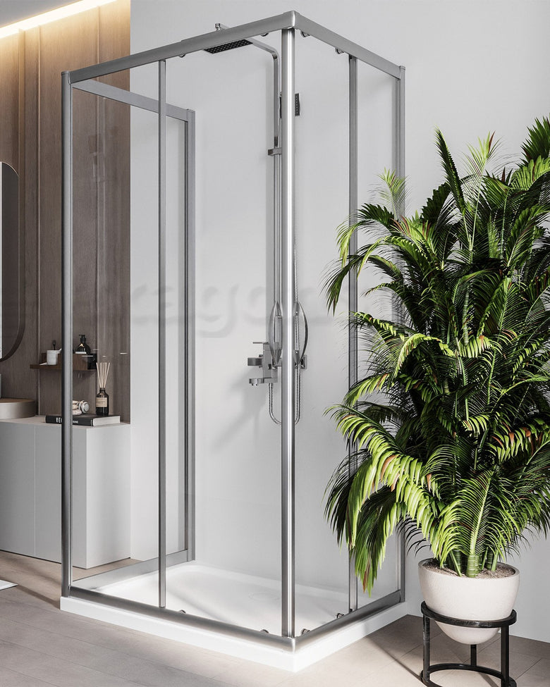 Box doccia 3 lati 70x120x70 Genio due ante scorrevoli 6 mm Cromo Lucido in naturale installato in bagno moderno con ante...