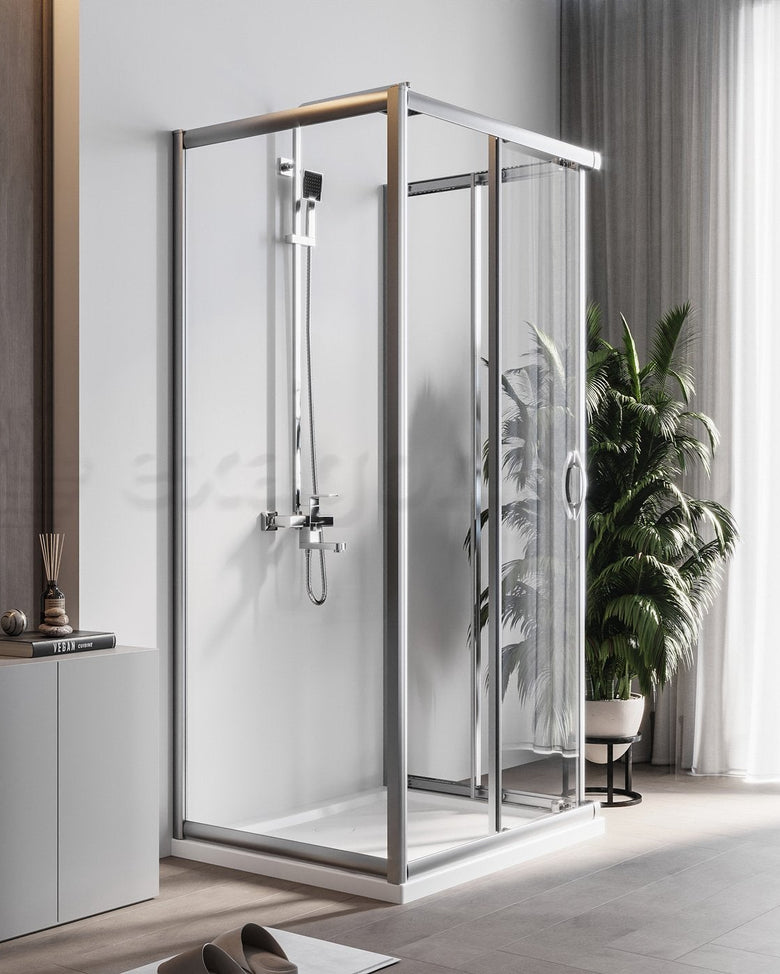 Box doccia 3 lati 70x120x70 Genio due ante scorrevoli 6 mm Cromo Lucido in bagno completo, vista d'insieme dell'ambiente...