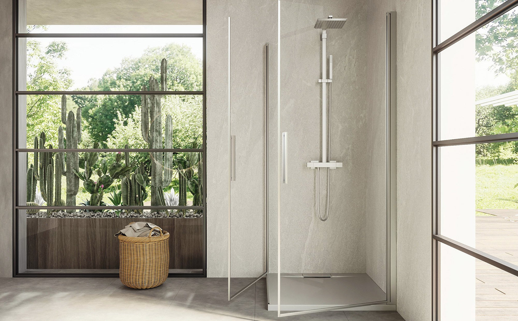 Box doccia 70x90 doppio battente vetro temperato 6 mm 195 H Cromo Lucido installato in bagno moderno con ante in vetro...