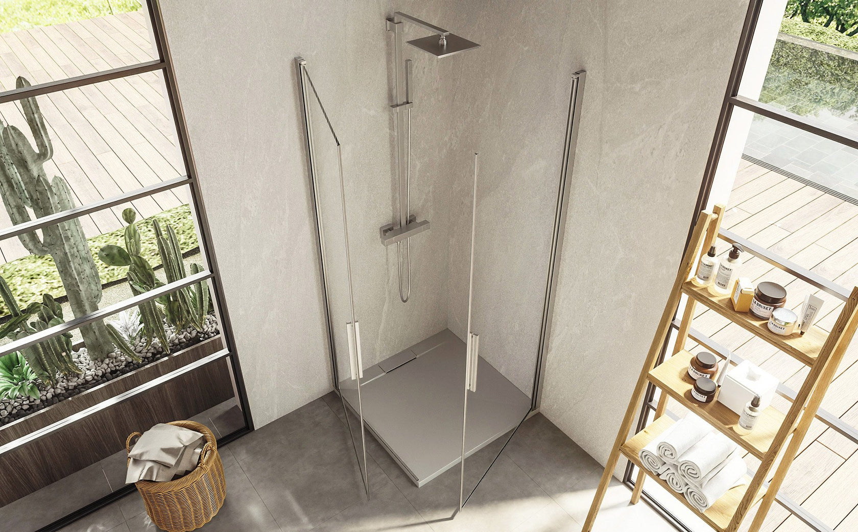 Box doccia 70x90 doppio battente vetro temperato 6 mm 195 H Cromo Lucido installato in bagno moderno con ante in vetro...