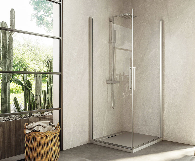 Box doccia 70x90 doppio battente vetro temperato 6 mm 195 H Cromo Lucido, dettaglio dei profili e delle cerniere in...
