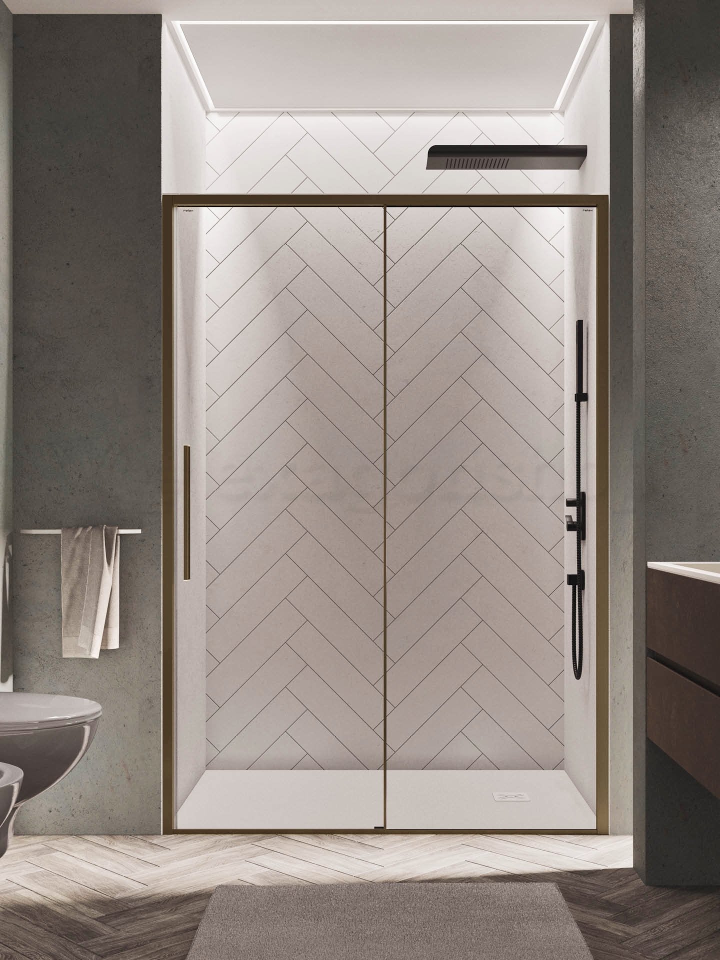 Box doccia a nicchia 137-141 cm scorrevole trasparente Oro installato in bagno moderno con ante in vetro temperato