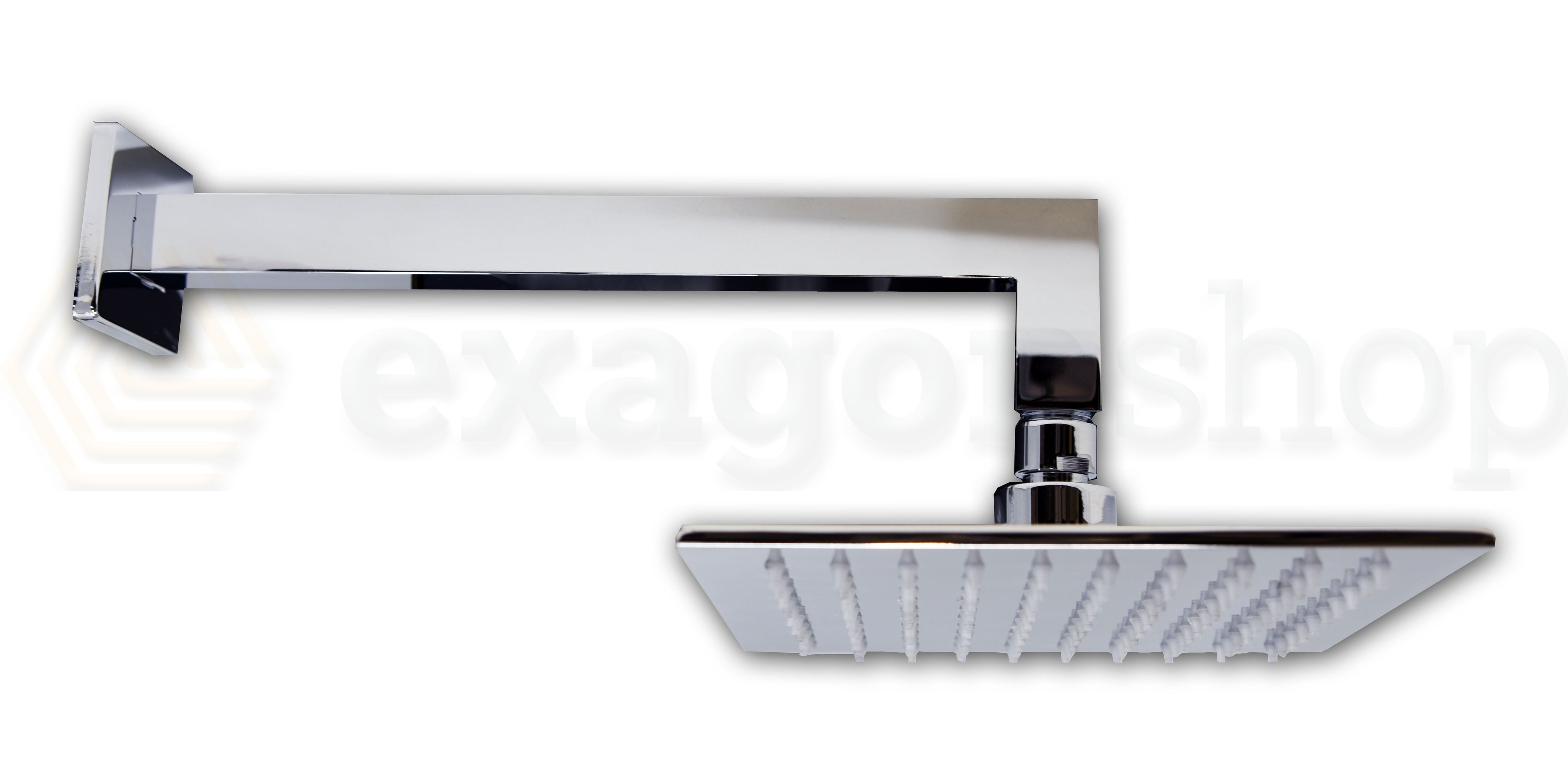 Soffione doccia 20x20 quadro 6,5 mm con braccio cromo Smart, dettaglio ravvicinato della finitura e del marchio - Exagonshop