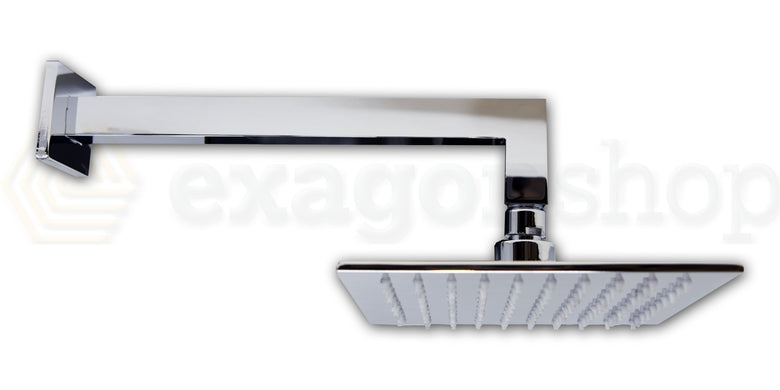 Soffione doccia 20x20 quadro 6,5 mm con braccio cromo Smart, dettaglio ravvicinato della finitura e del marchio - Exagonshop