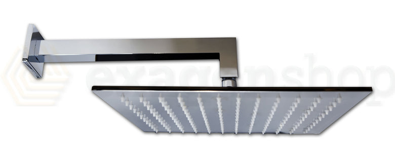 Soffione Doccia 30x30 Quadro con braccio Cromo, dettaglio ravvicinato della finitura e del marchio - Exagonshop