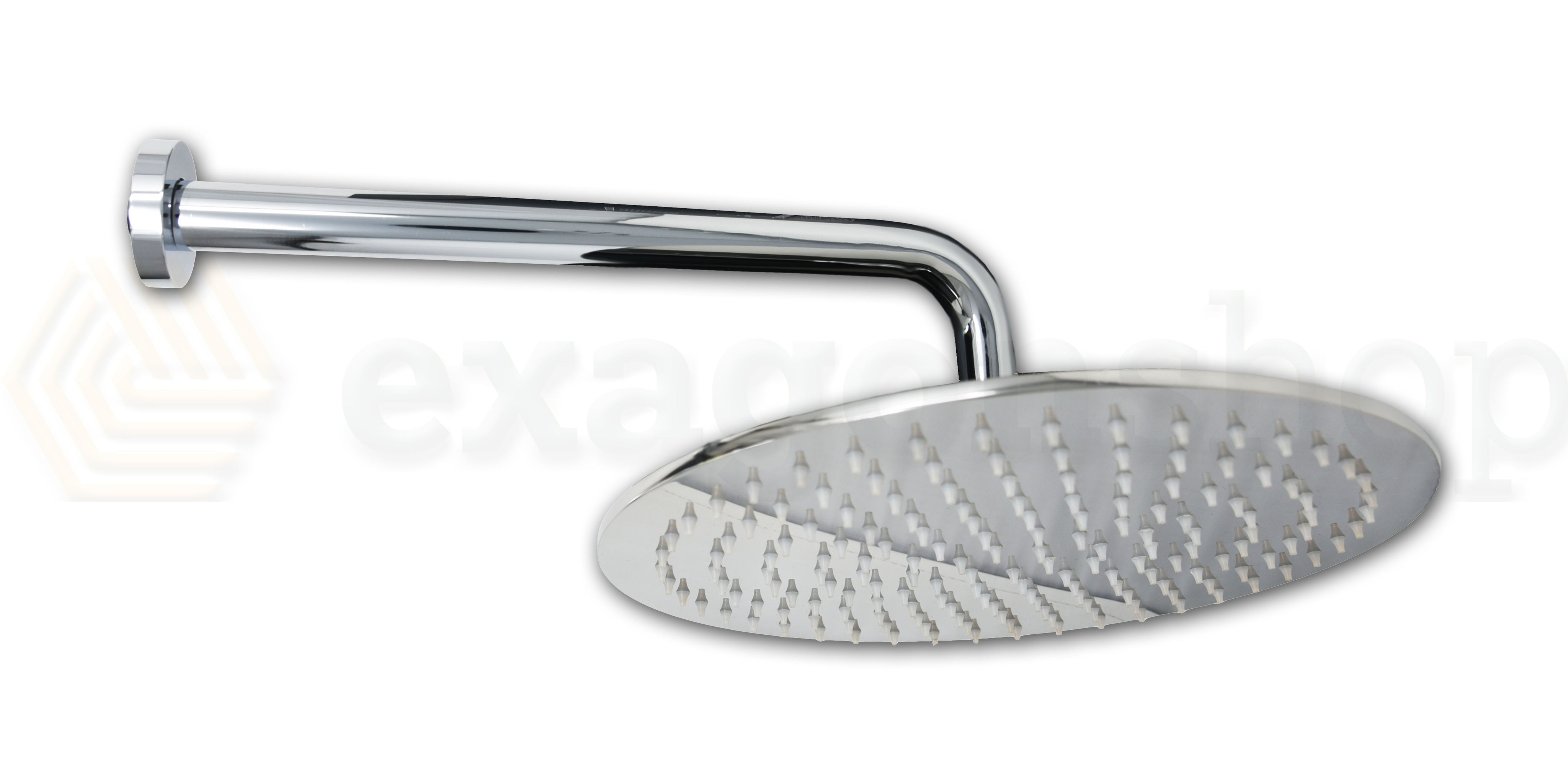 Soffione doccia tondo 30 cm sp. 6,5 mm con braccio 30 cm in, dettaglio ravvicinato della finitura e del marchio - Exagonshop