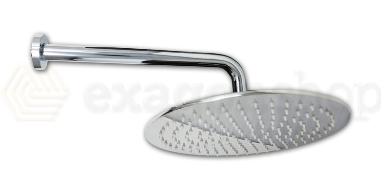 Soffione doccia tondo 30 cm sp. 6,5 mm con braccio 30 cm in, dettaglio ravvicinato della finitura e del marchio - Exagonshop