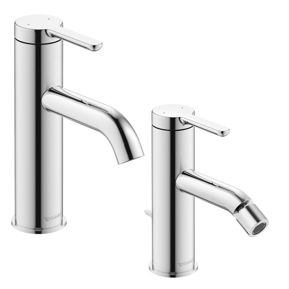 Duravit C1 Coppia Miscelatori Lavabo e Bidet Monocomando Cromo Lucido ambientato su piano bagno con accessori