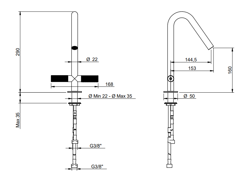 Treemme 22mm IT6014IS2GZZ miscelatore lavabo monoforo inox Acciaio visto dall'alto con scarico e interno visibili...