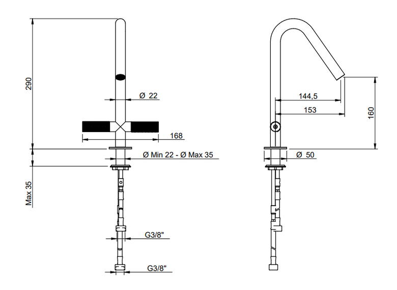 Treemme 22mm IT6014IS2GZZ miscelatore lavabo monoforo inox Acciaio visto dall'alto con scarico e interno visibili...