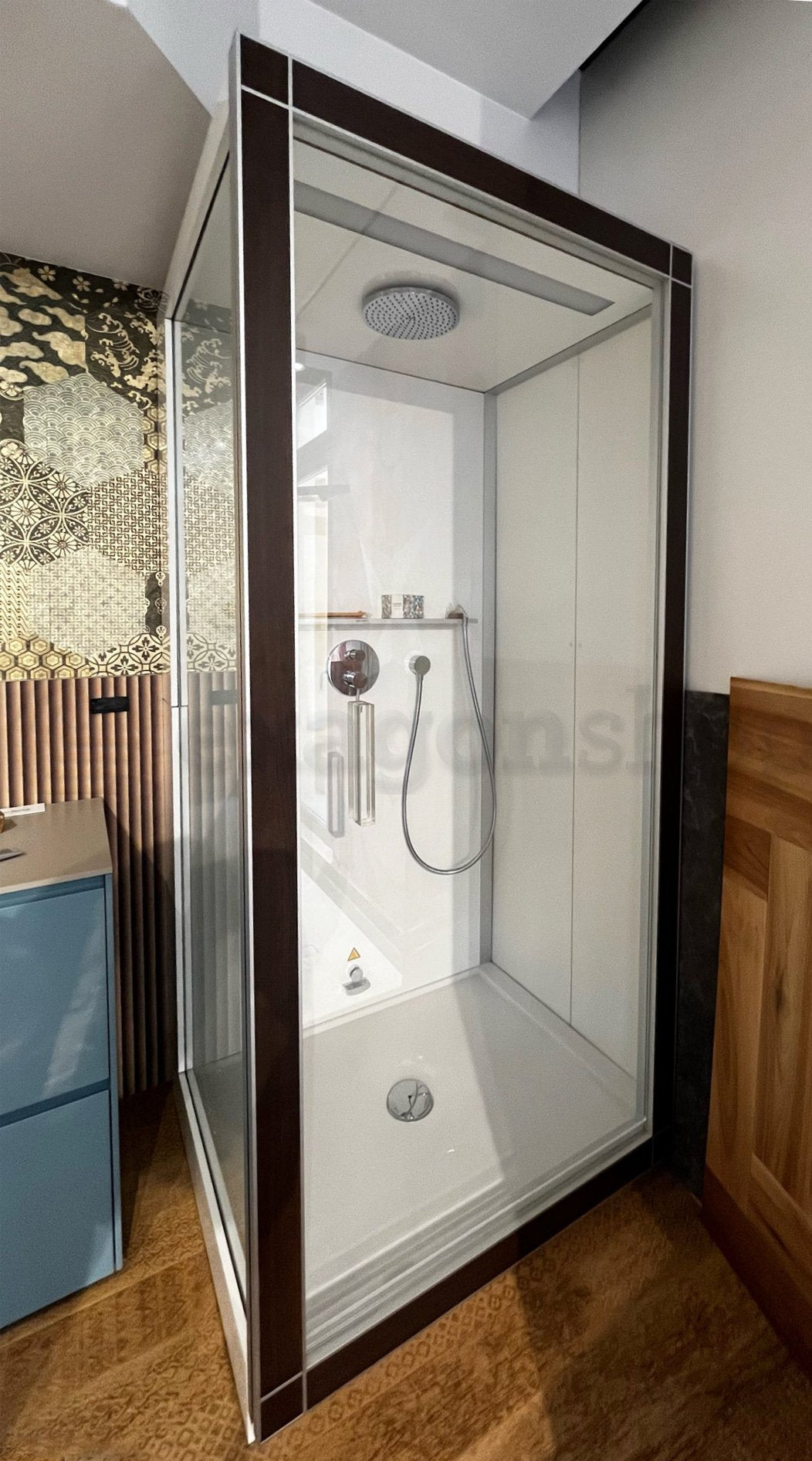 Schema tecnico di Cabina e Bagno Turco 100x100 Destro castagno scuro St Trop con misure e configurazione