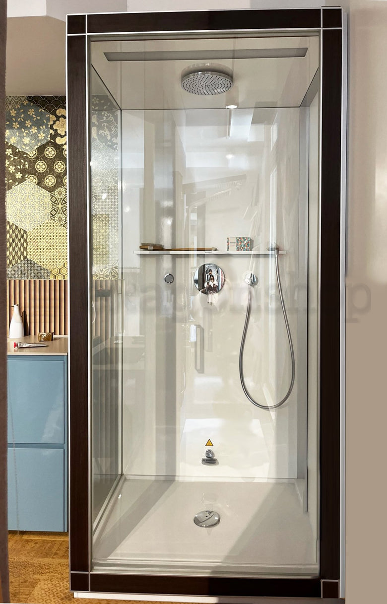 Cabina e Bagno Turco 100x100 Destro castagno scuro St Trop, dettaglio dei profili e delle cerniere in alluminio