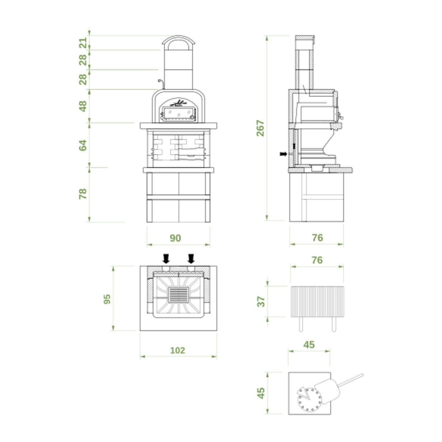 Schema tecnico di installazione di Palazzetti Capri 3 barbecue a legna con forno e piano in con canna fumaria