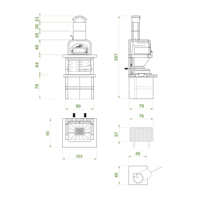 Schema tecnico di installazione di Palazzetti Capri 3 barbecue a legna con forno e piano in con canna fumaria