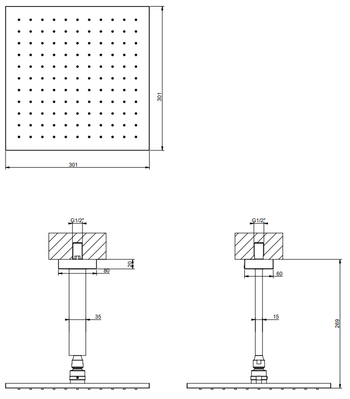 Gessi Soffione doccia 30x30 quadro anticalcare a soffitto Cromo Lucido, dettaglio ravvicinato della finitura e del marchio