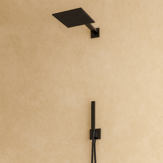Set soffione doccia 20x20 Smart quadro braccio 35 cm e doccetta nero opaco