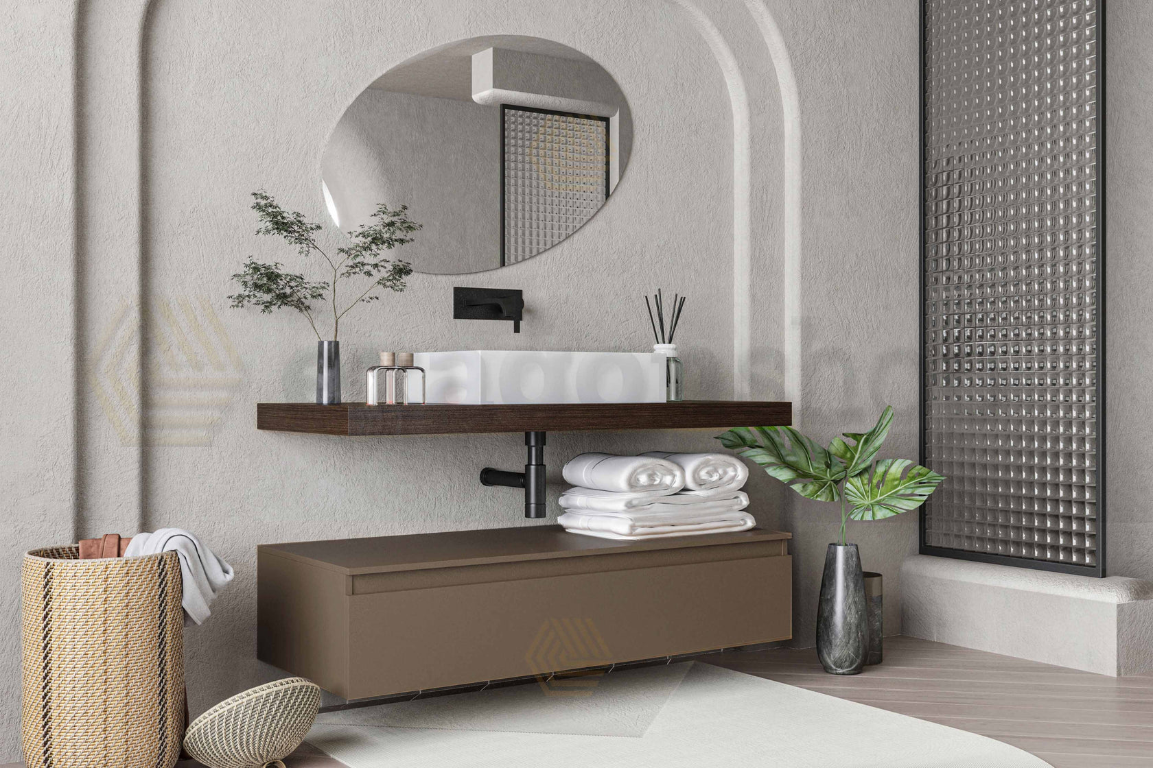 Mobile bagno caffe creta opaco 120x50 Oasy con top e lavabo, dettaglio ravvicinato della finitura e del cassetto - Exagonshop