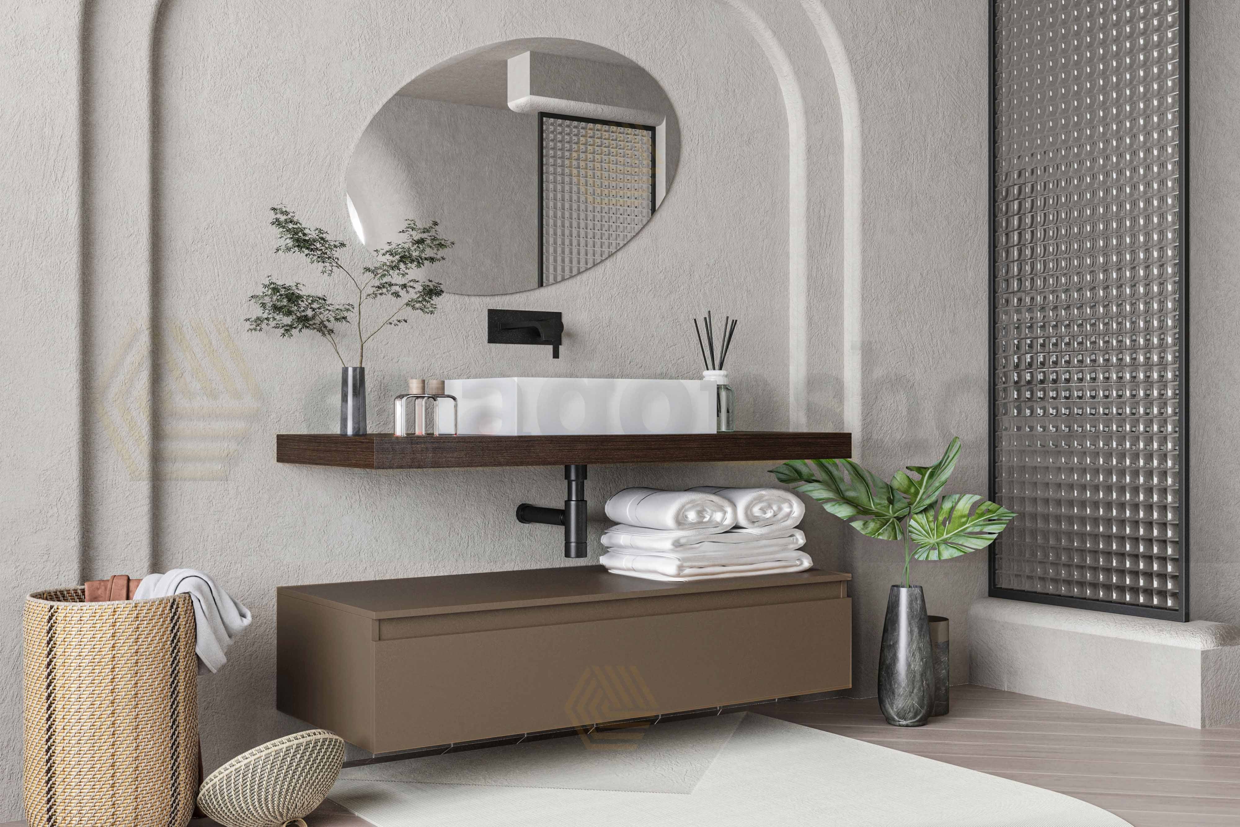 Mobile bagno caffe creta opaco 120x50 Oasy con top e lavabo, dettaglio ravvicinato della finitura e del cassetto - Exagonshop