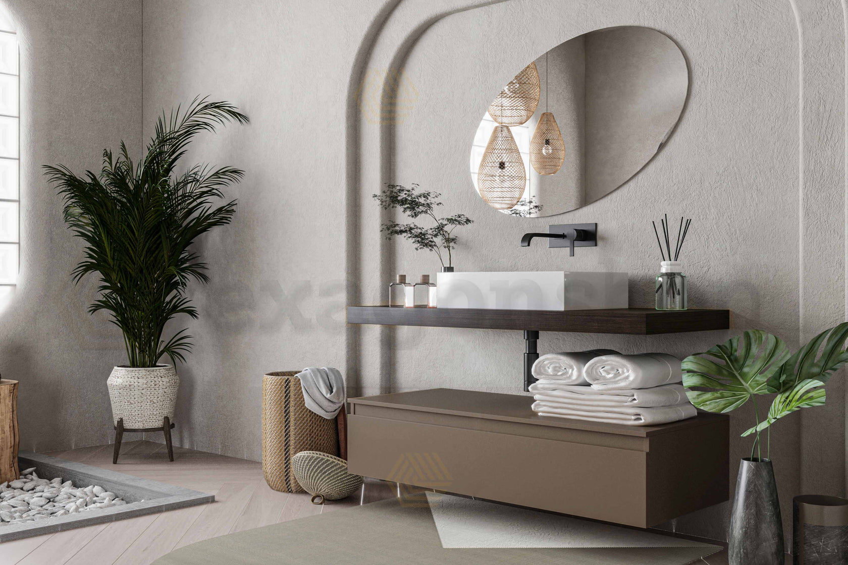 Mobile bagno caffe creta opaco 120x50 Oasy con top e lavabo, vista dall'alto del piano con lavabo - Exagonshop