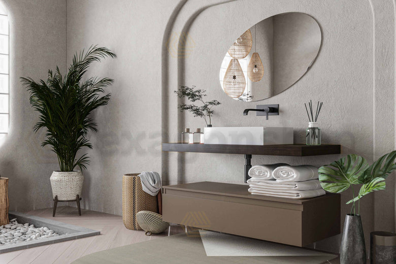 Mobile bagno caffe creta opaco 120x50 Oasy con top e lavabo, vista dall'alto del piano con lavabo - Exagonshop