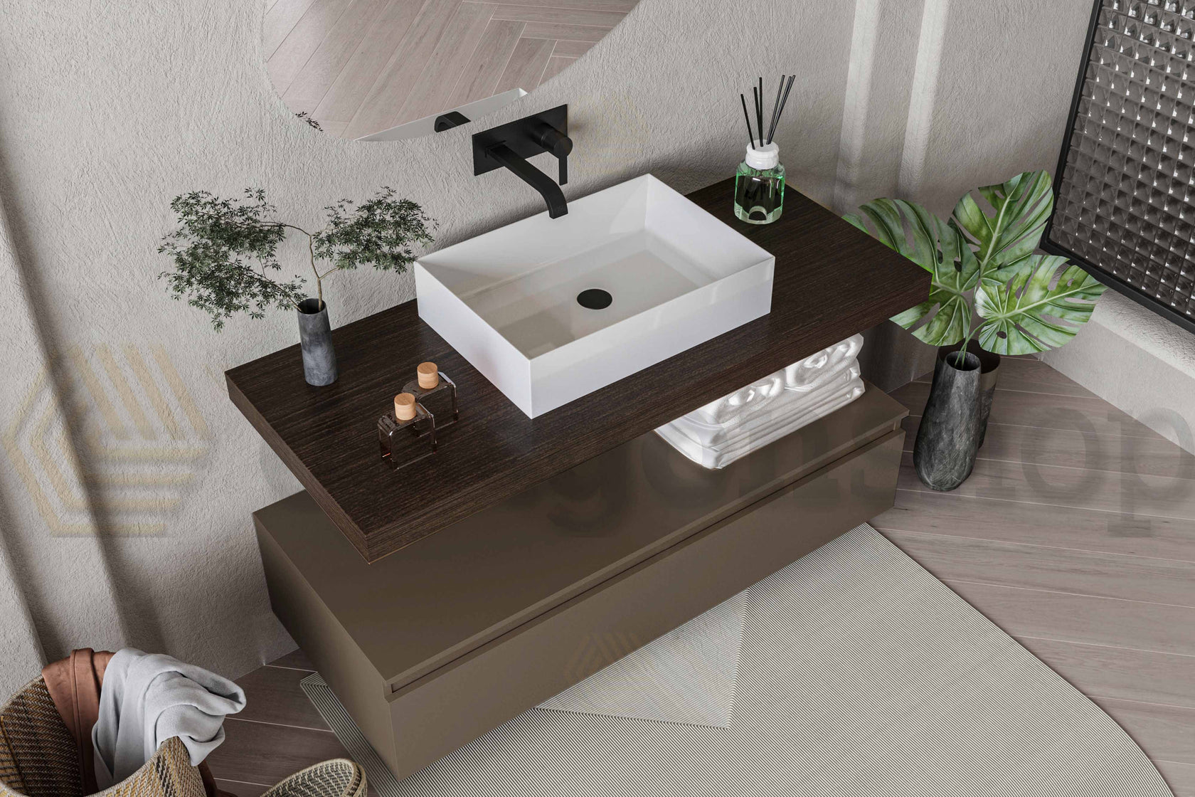 Mobile bagno caffe creta opaco 120x50 Oasy con top e lavabo ambientato in bagno moderno con specchio e accessori - Exagonshop