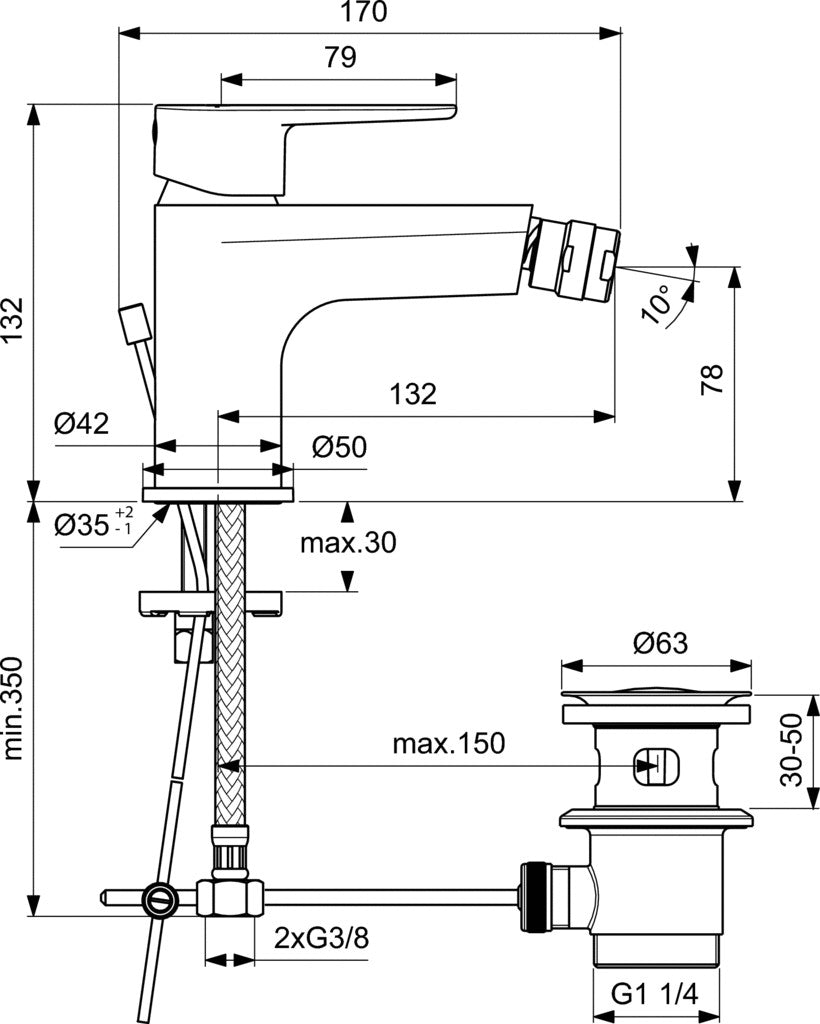 Ideal Standard Cerafine set miscelatori Lavabo Bidet Vasca visto dall'alto con superficie e piletta di scarico
