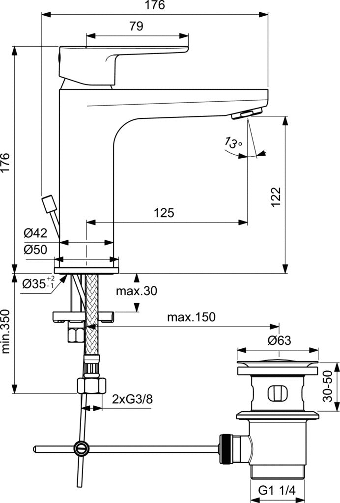 Ideal Standard Cerafine set miscelatori Lavabo Bidet Vasca visto dall'alto con superficie e piletta di scarico