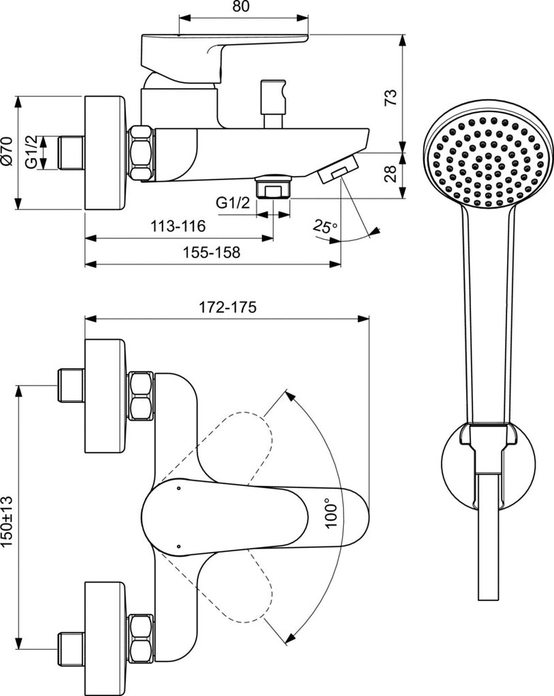 Ideal Standard Cerafine set miscelatori Lavabo Bidet Vasca visto dall'alto con superficie e piletta di scarico