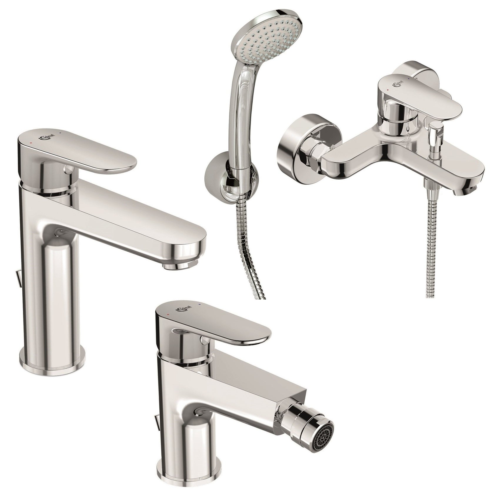 Ideal Standard Cerafine set miscelatori Lavabo Bidet Vasca visto dall'alto con superficie e piletta di scarico