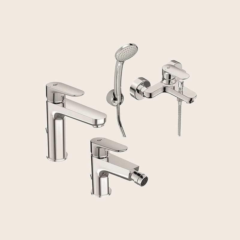 Ideal Standard Cerafine set miscelatori Lavabo Bidet Vasca in naturale visto dall'alto con superficie e piletta di scarico