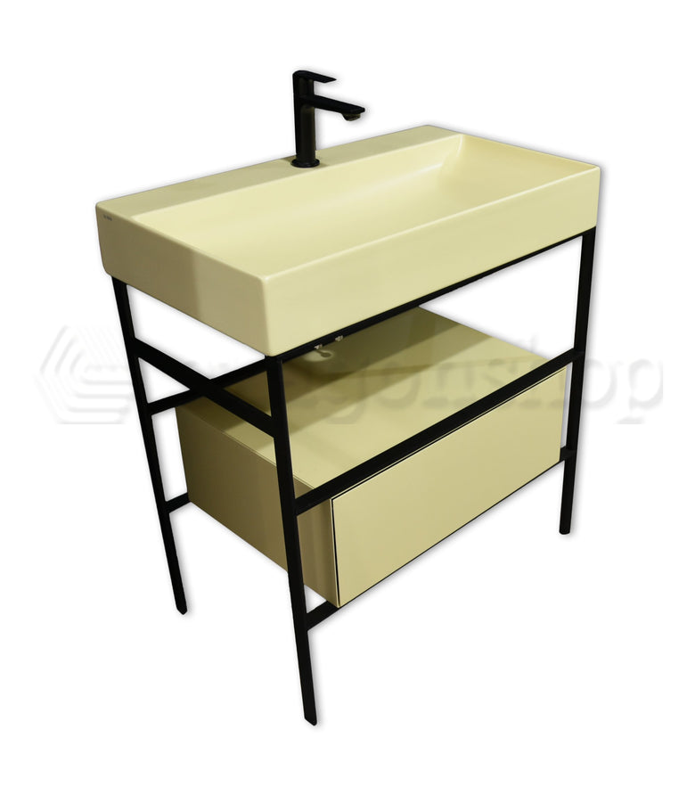 Ceramica globo stripe 80x47 Mobile bagno senape a pavimento Giallo ambientato in bagno moderno con specchio e accessori