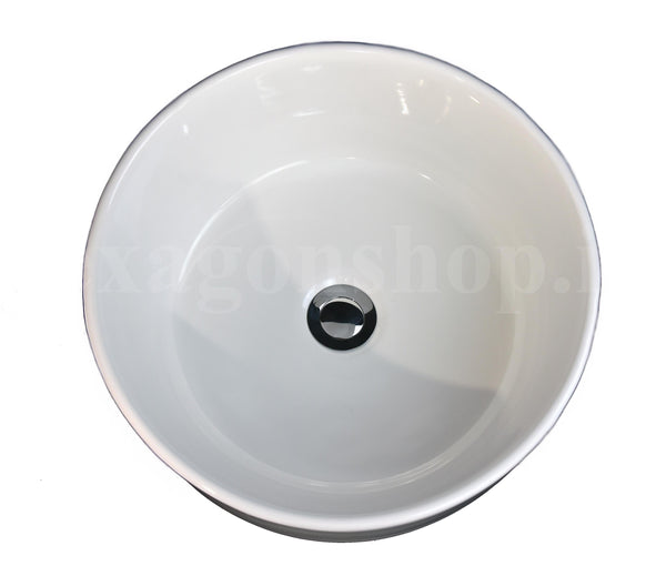 Mobile bagno bianco opaco 80x45 Mango due cassetti soft close con top noce e lavabo tondo da appoggio in ceramica lucida