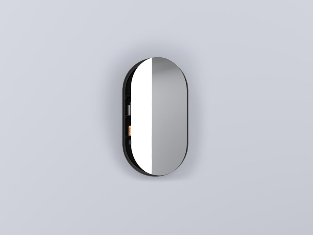 Cielo I Catini Oval Box Specchio 50x90 Contenitore Ovale con lavabo e rubinetteria, vista frontale su sfondo neutro