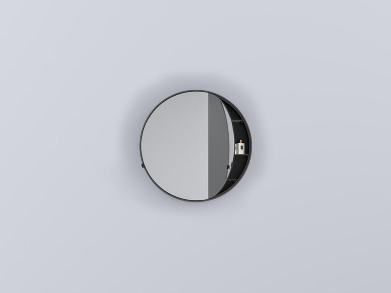 Cielo I Catini Round Box specchio contenitore 75 cm tondo con lavabo e rubinetteria, vista frontale su sfondo neutro