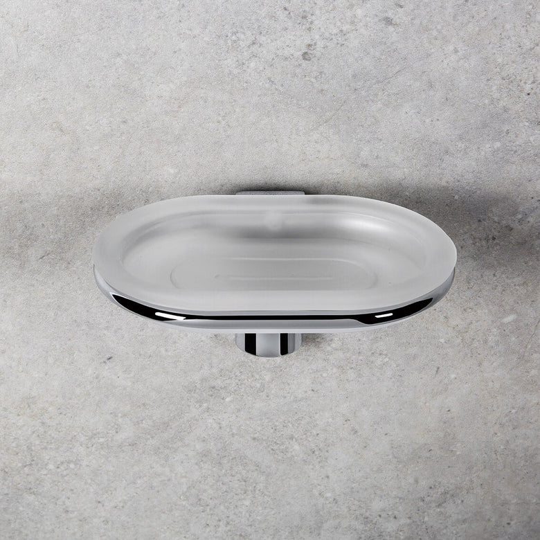 Colombo Luna Porta Sapone a Parete in Vetro Acidato in naturale montato a parete, vista del design e della finitura...