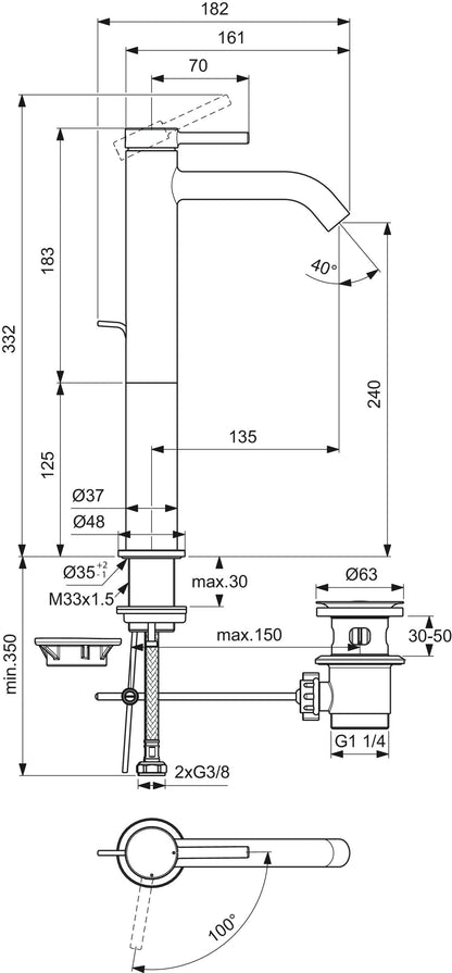 Ideal Standard Ceraline Nuovo Miscelatori lavabo alto con asta e Bidet scarico Click Clack Cromo BD763AA + BD849AA