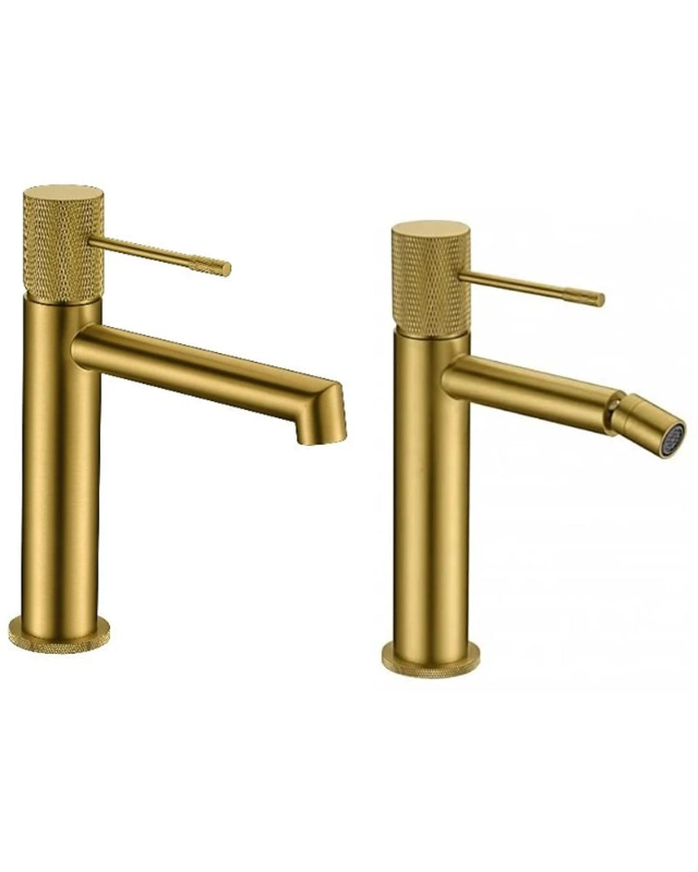 Set miscelatori lavabo bidet e vasca Melin oro spazzolato ambientato in box doccia con pareti in vetro - Exagonshop