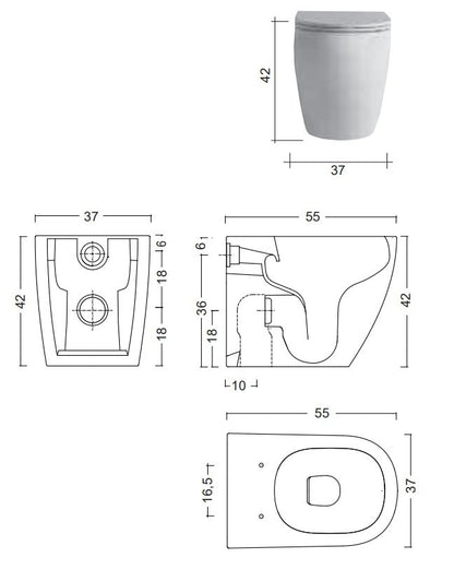 Coppia sanitari a terra bidet e wc senza brida scarico a parete con sedile soft close termoindurente bianco lucido Pin Nic Design