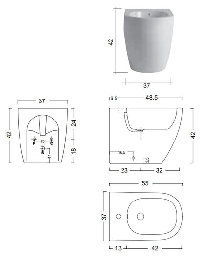 Coppia sanitari a terra bidet e wc senza brida scarico a parete con sedile soft close termoindurente bianco lucido Pin Nic Design