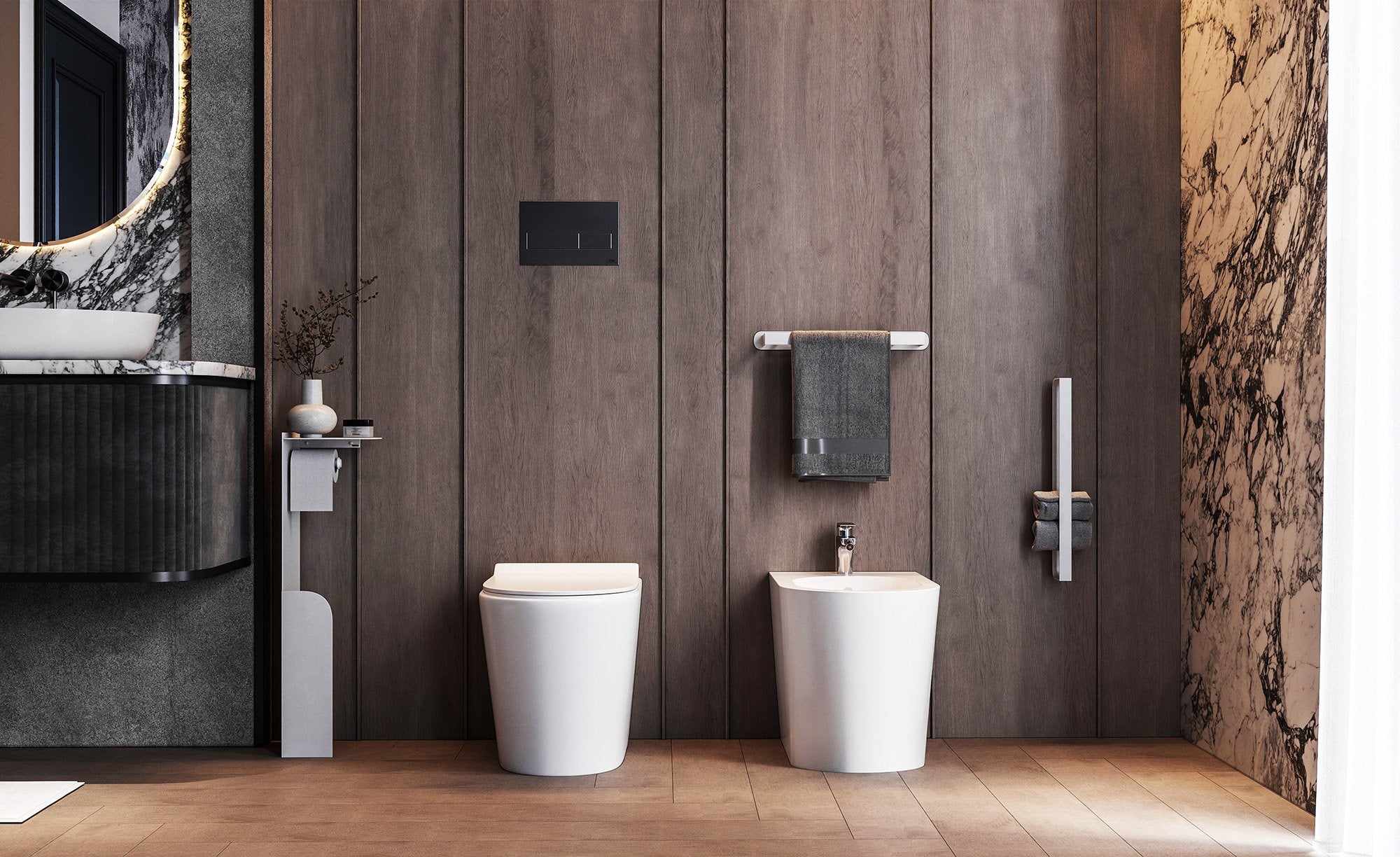 Coppia sanitari filo muro rimless in ceramica sedile soft in lucido ambientato su piano bagno con accessori - Exagonshop
