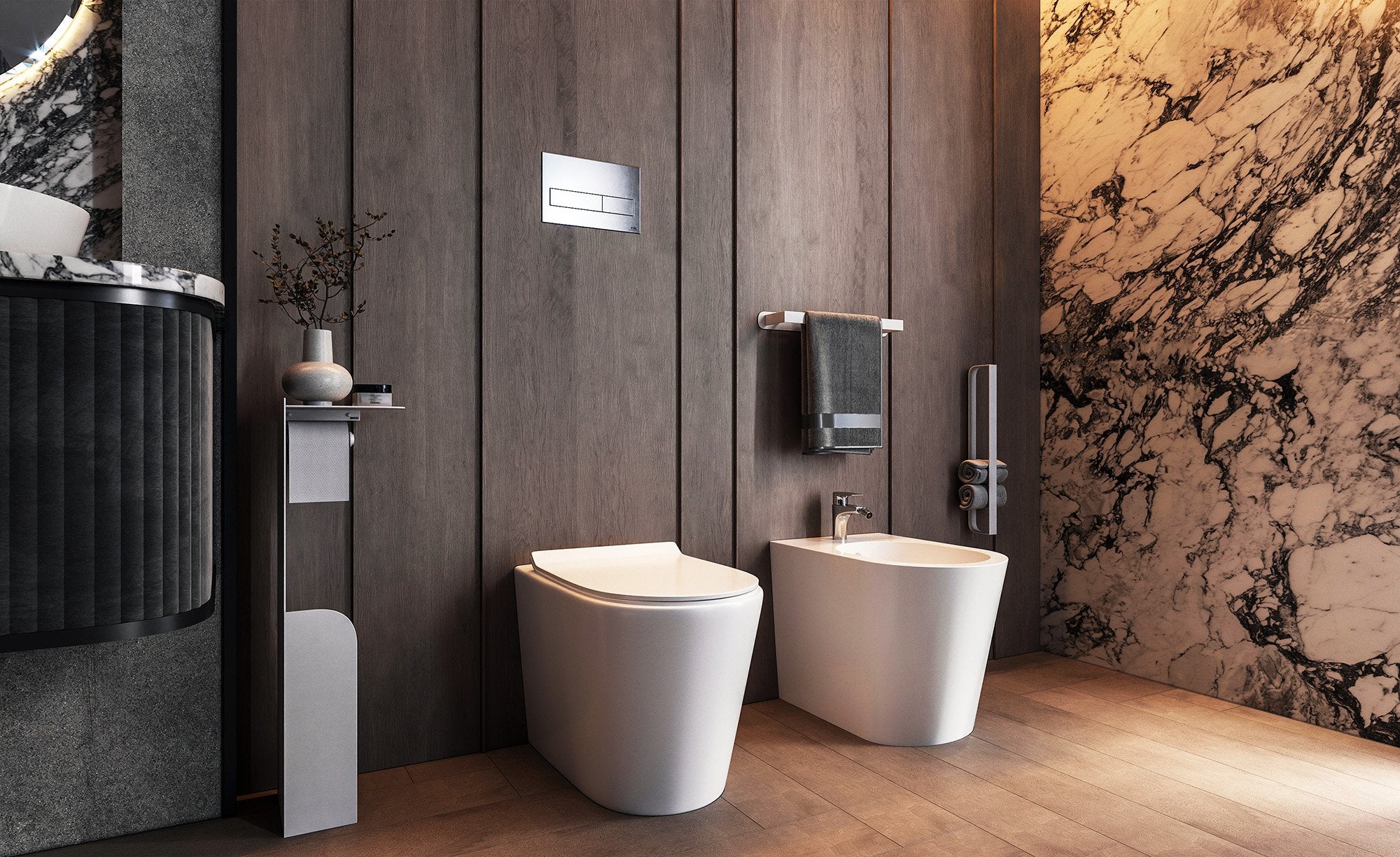Coppia sanitari filo muro rimless in ceramica sedile soft ambientato su piano bagno con accessori - Exagonshop