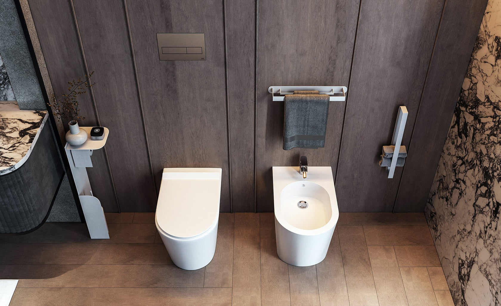 Coppia sanitari filo muro rimless in ceramica sedile soft visto dall'alto con scarico e interno visibili - Exagonshop