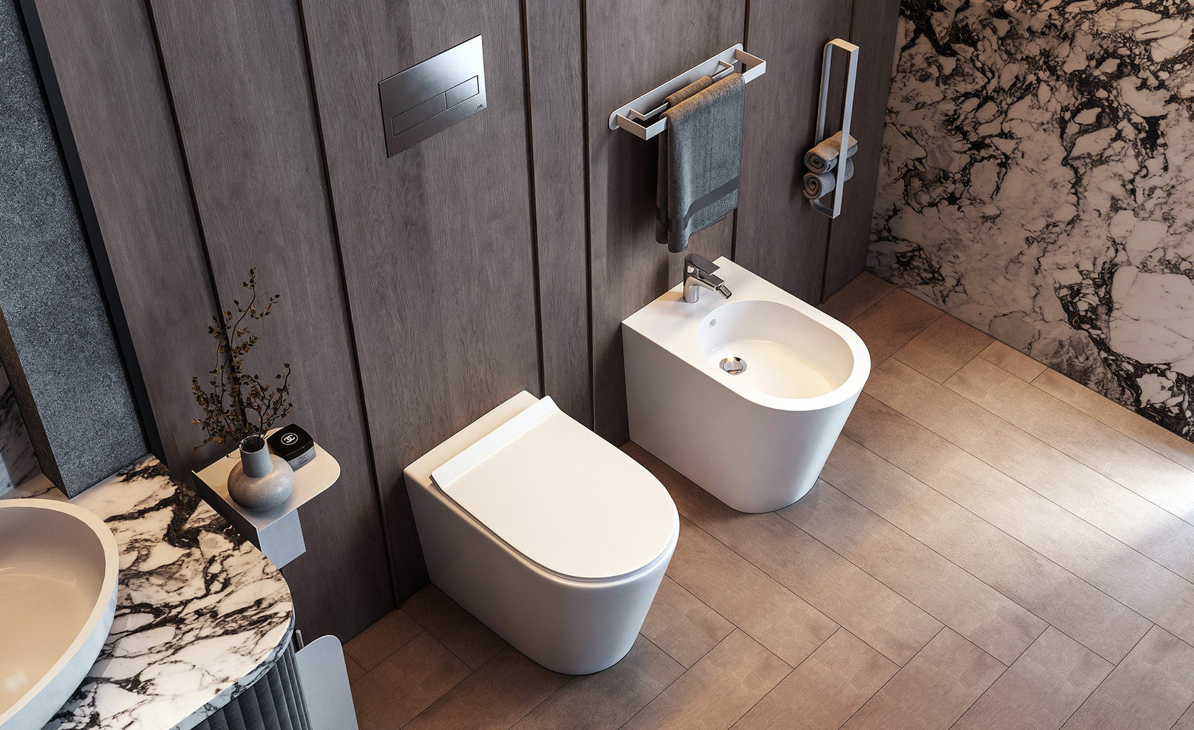 Coppia sanitari filo muro rimless in ceramica sedile soft, vista frontale su sfondo bianco - Exagonshop