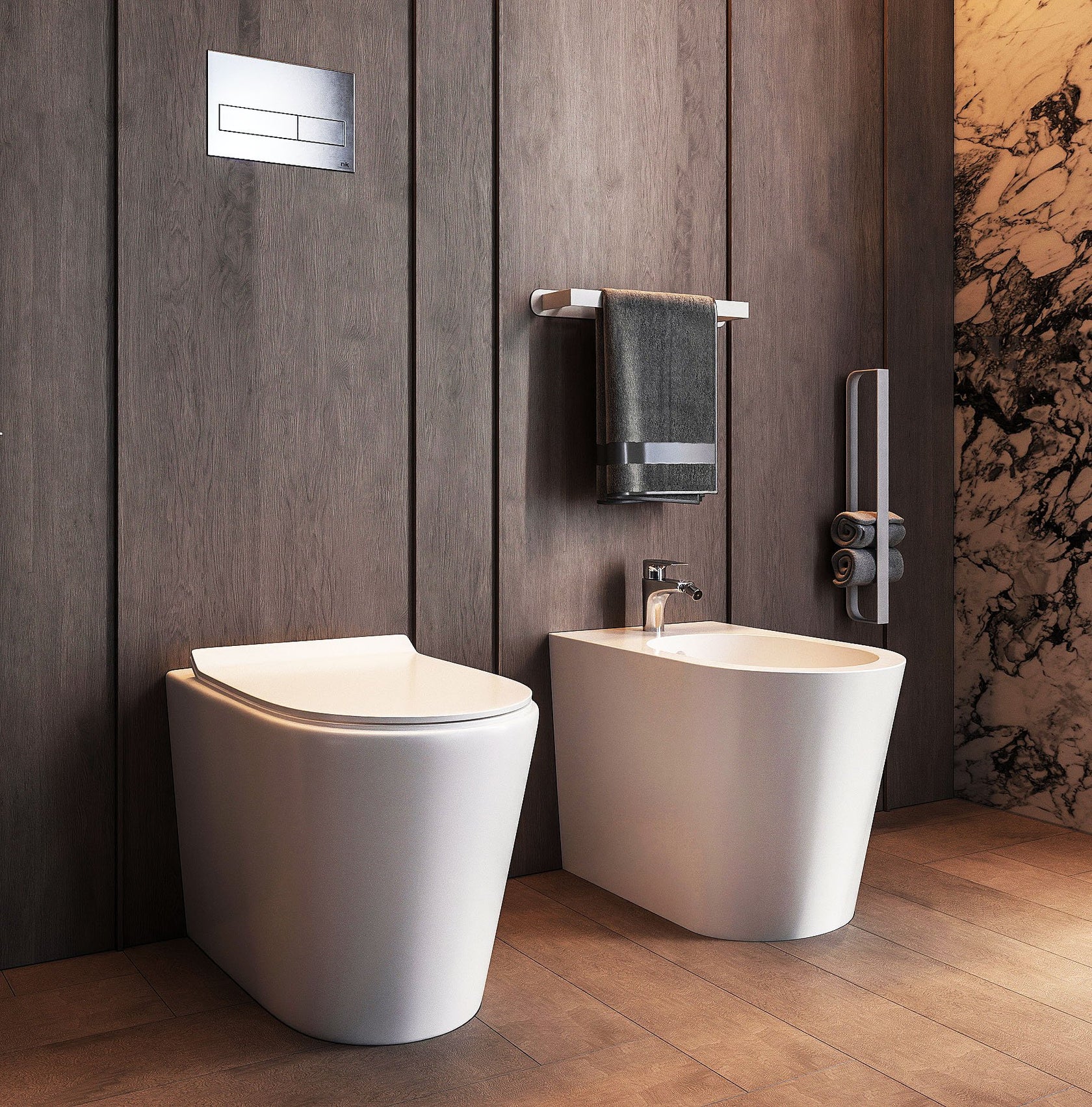Coppia sanitari filo muro rimless in ceramica sedile soft, vista laterale del profilo e della forma - Exagonshop